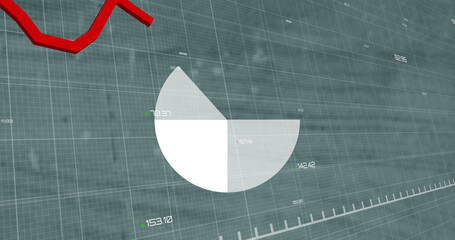 Poster - Pie graph and red graph moving over financial data processing against empty office