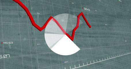Poster - Pie graph and red graph moving over financial data processing against empty office