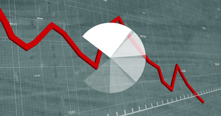 Poster - Pie graph and red graph moving over financial data processing against empty office