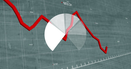 Poster - Pie graph and red graph moving over financial data processing against empty office