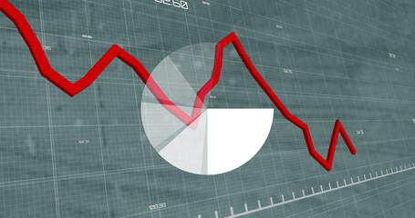 Poster - Pie graph and red graph moving over financial data processing against empty office