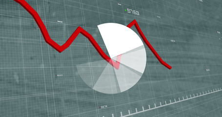 Poster - Pie graph and red graph moving over financial data processing against empty office
