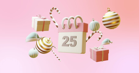 Composition of calendar with number 25 and christmas decorations on pink background