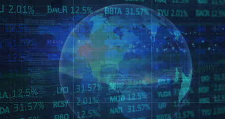 Poster - Image of lens flare, trading board, map and rotating globe over abstract background