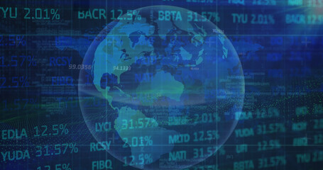 Poster - Image of lens flare, trading board, map and rotating globe over abstract background