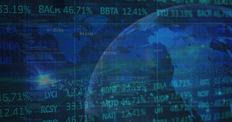 Poster - Image of lens flare, trading board, map and rotating globe over abstract background