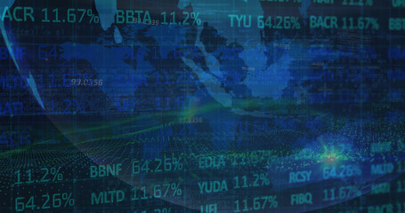 Poster - Image of lens flare, trading board, map and rotating globe over abstract background