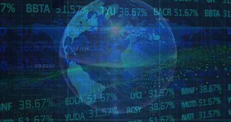 Poster - Image of lens flare, trading board, map and rotating globe over abstract background