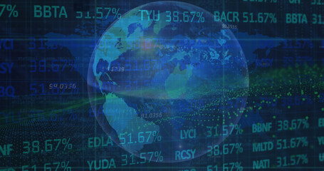 Poster - Image of lens flare, trading board, map and rotating globe over abstract background