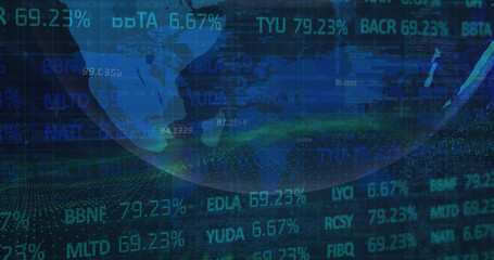 Poster - Image of lens flare, trading board, map and rotating globe over abstract background