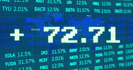 Poster - Image of addition symbol with numbers and trading board against map over blue background