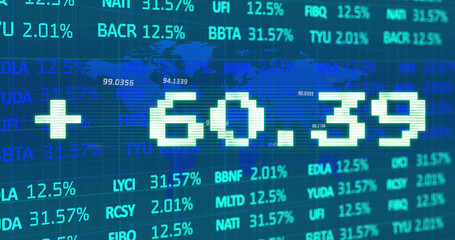 Poster - Image of addition symbol with numbers and trading board against map over blue background