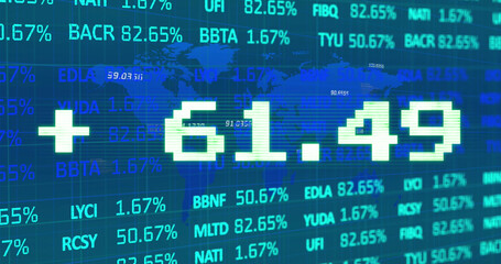 Poster - Image of addition symbol with numbers and trading board against map over blue background