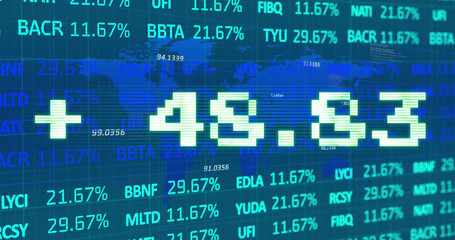 Poster - Image of addition symbol with numbers and trading board against map over blue background