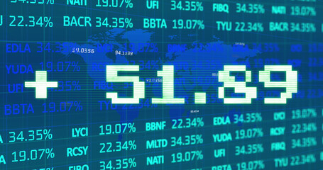 Poster - Image of addition symbol with numbers and trading board against map over blue background