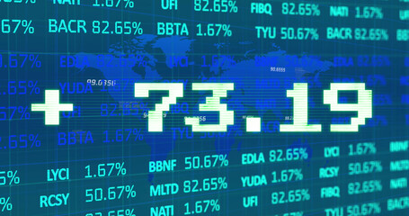 Poster - Image of addition symbol with numbers and trading board against map over blue background