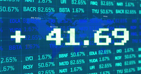 Poster - Image of addition symbol with numbers and trading board against map over blue background