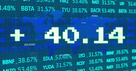 Poster - Image of addition symbol with numbers and trading board against map over blue background