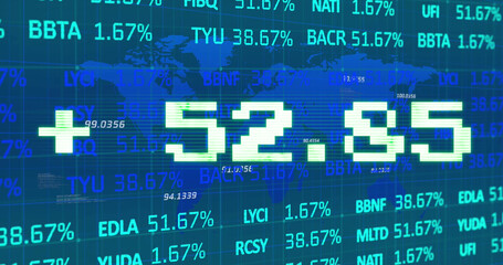 Poster - Image of addition symbol with numbers and trading board against map over blue background