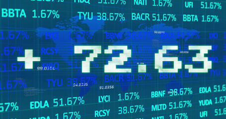 Poster - Image of addition symbol with numbers and trading board against map over blue background