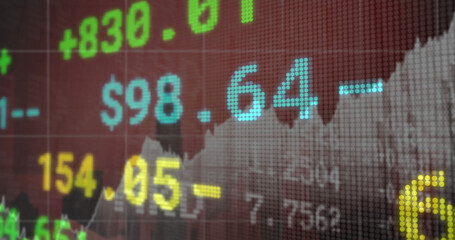Poster - Image of financial data and graphs over cityscape