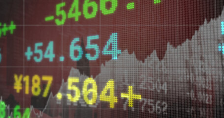 Poster - Image of financial data and graphs over cityscape
