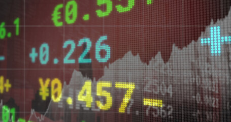 Poster - Image of financial data and graphs over cityscape