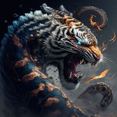 the dragon of the dragon,tiger deagon in japanese style,tiger in the sky,tiger in the dark,tiger in the dark, tiger in the night, tiger on a black background