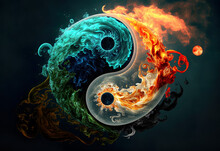 Yin Und Yang, Water In Teal And Fire In Orange Are Complementing Each Other On A Dark Background, Yin-yang, Esoteric, Spirituality, Illustration, Generative Ai