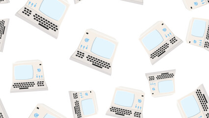 Poster - Seamless pattern endless computer with old retro computers, vintage white hipster pc from 70s, 80s, 90s isolated on white background. Vector illustration