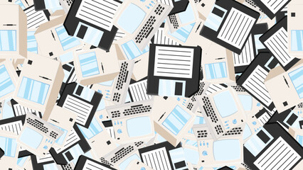 Poster - Seamless pattern endless computer with old retro computers, pc and vintage white hipster floppy disks from 70s, 80s, 90s isolated on white background. Vector illustration