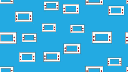 Poster - Seamless pattern endless with handheld game consoles, electronic toys old retro vintage hipster from 70s, 80s, 90s isolated on blue background. Vector illustration