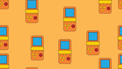 Poster - Seamless pattern endless with handheld game consoles, electronic toys old retro vintage hipster from 70s, 80s, 90s isolated on yellow background. Vector illustration
