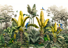 Wallpaper Of A Natural View Of The Rainforest Of Banana And Palm Trees, In Consistent Colors With Birds, Butterflies And Parrots, Digital Drawing In Watercolors -1