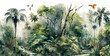Leinwandbild Motiv Wallpaper of a natural landscape of rainforests of trees and palms, in consistent colors with birds, butterflies, parrots and flamingos, digital drawing in watercolors -2
