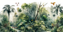 Wallpaper Of A Natural Landscape Of Rainforests Of Trees And Palms, In Consistent Colors With Birds, Butterflies, Parrots And Flamingos, Digital Drawing In Watercolors -2