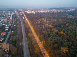 Poster - Autumn Park and the road view in Pabianice - Poland