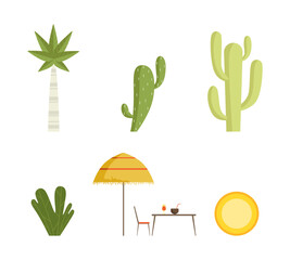 Sticker - Simple Green Palm, Umbrella Shade with Table and Cactus as Beach Environment Element Vector Set