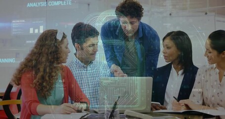Poster - Animation of cyber security data processing over diverse colleagues discussing over laptop at office