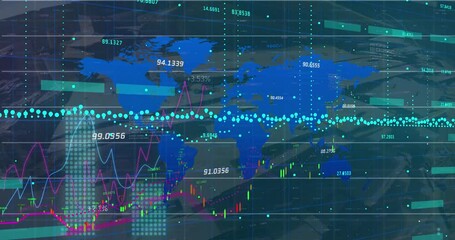 Poster - Animation of financial data processing over world map on black background