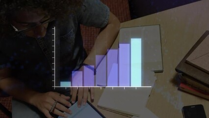 Poster - Animation of statistical data processing against overhead view of biracial using digital tablet