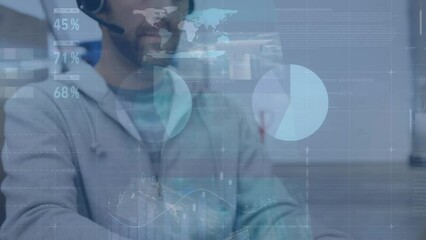 Poster - Animation of financial data processing over caucasian man using laptop
