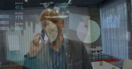 Poster - Animation of data processing over caucasian businessman talking on smartphone