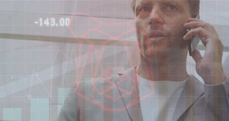 Poster - Animation of data processing over caucasian businessman talking on smartphone