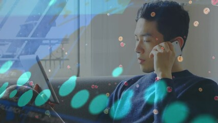 Poster - Animation of data processing over asian man using digital tablet and talking on smartphone at home