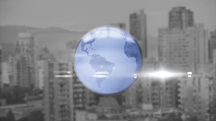 Poster - Animation of light spots and globe over cityscape