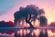 Beautiful Weeping Willow Scenery. Fantasy Landscape. Water Colour. Romantic And Lovely Style. Illustration Art. Digital Painting. Generative AI.	