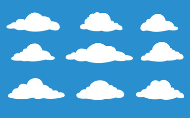 Poster - Cloud icons set on blue background. Flat cloudy vector collection. White clouds group. Design element for flat illustration. Vector illustration.