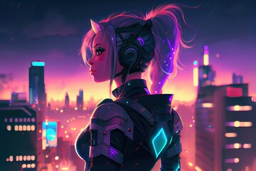 Wall Mural - anime girl with headset vibe to music , cyberpunk, steampunk, sci-fi, fantasy