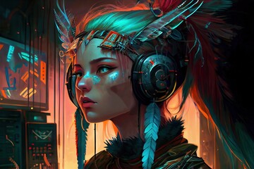 Wall Mural - anime girl with headset vibe to music , cyberpunk, steampunk, sci-fi, fantasy